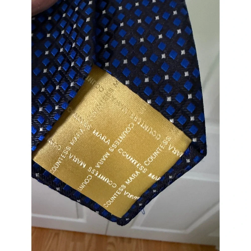 Countess Mara Mens Blue‎ Black Geometric Diamond Silk Tie Hand Made Classic Tie